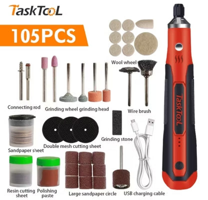 TaskTooL 105PC Mini Electric Grinder Set – Cordless Engraving Pen Drill with 3-Speed Adjustment