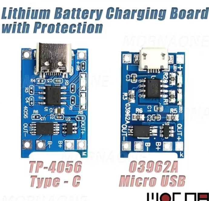 TP4056 03962A 5V 1A 18650 Battery Charging Module – Micro USB / Type-C Input with Protection Circuit