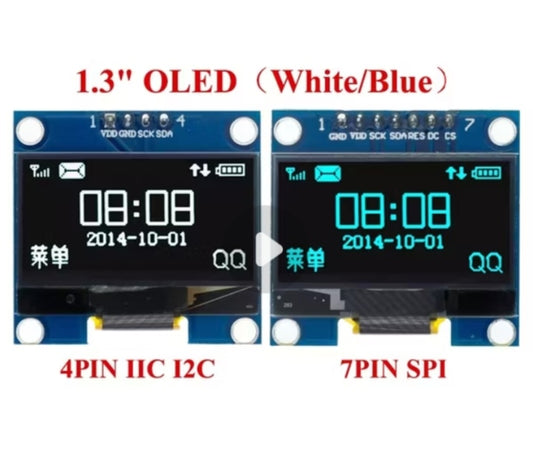 1.3" OLED Display Module – 128x64 Resolution, White/Blue, SPI/I2C Dual Interface for Arduino, Raspberry Pi, ESP32