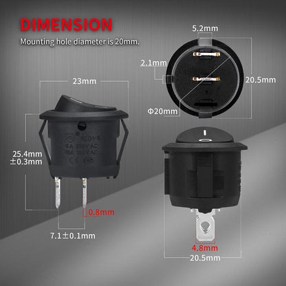 ON/OFF Round Rocker Switch SPST 20mm – 12V–24V DC 20A 2-Pin Mini Circle Toggle Switch