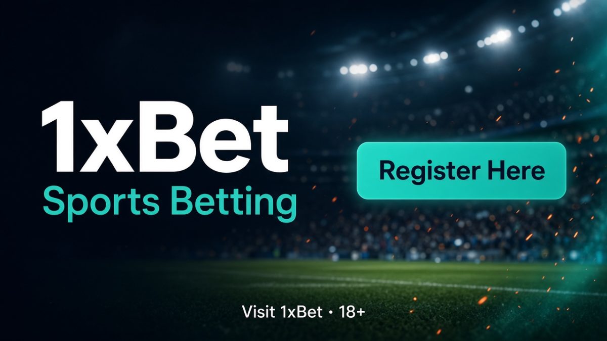 1xBet sports betting banner: Register Here and Visit 1xBet