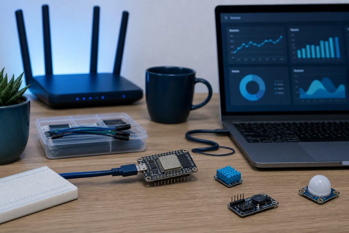 IoT on the bench: ESP32, sensors, and a router. The firmware talks MQTT or HTTP, not only Serial.