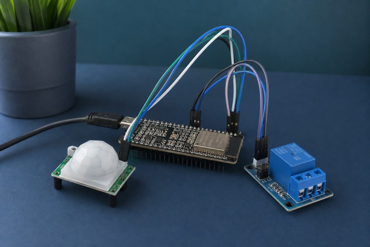 ESP32, HC-SR501 PIR (white lens), and a 5 V relay module. Power the modules from 5V. Signal pins are 3.3 V GPIO.