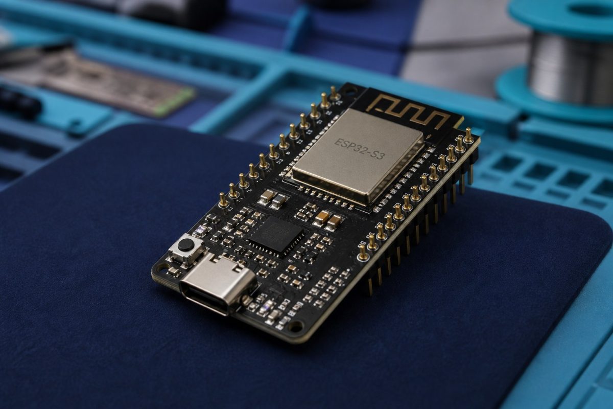 ESP32-S3 development board: USB-C, header pins, and a shielded Wi-Fi module.