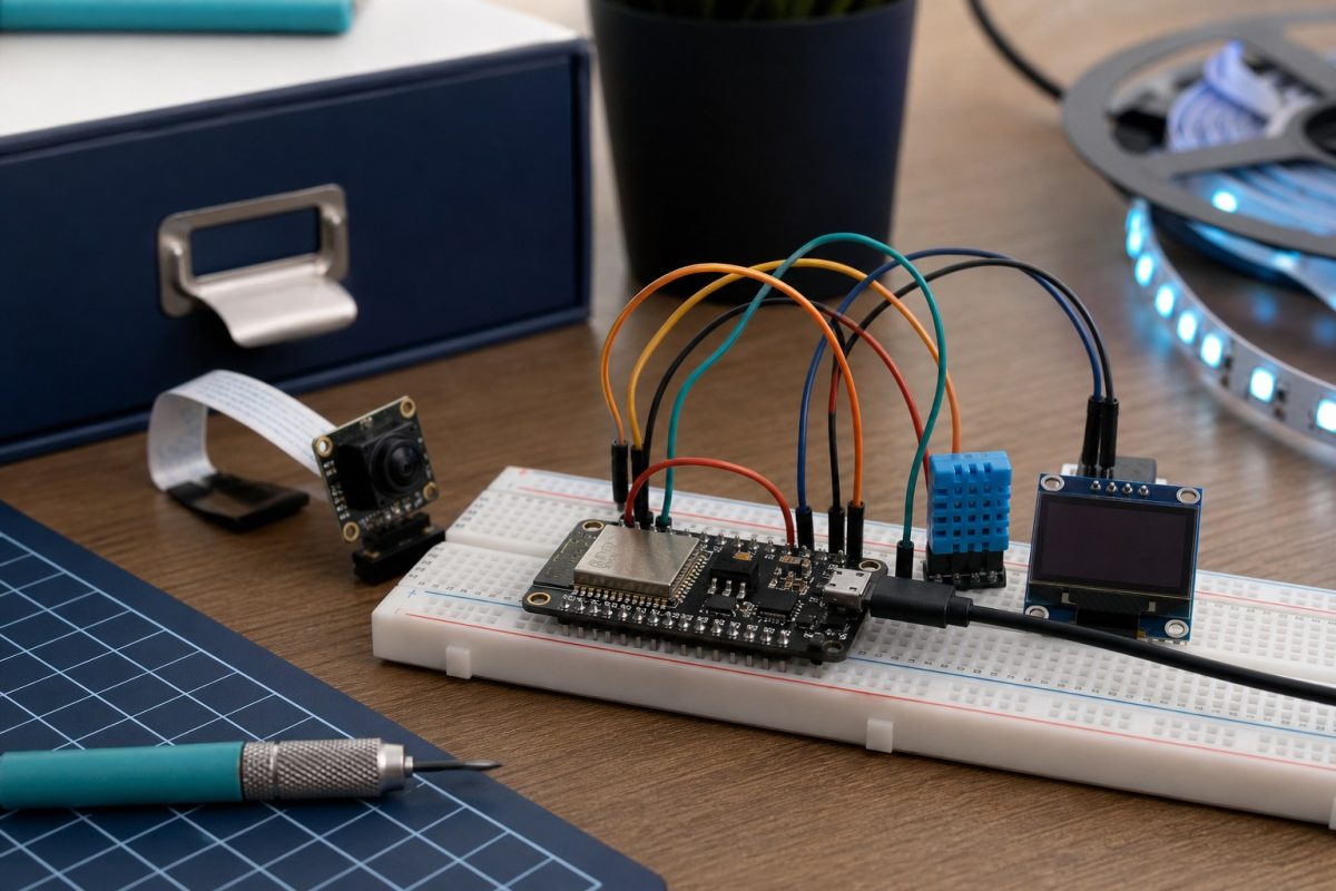 A typical ESP32-S3 bench: breadboard, display, sensor, and camera module.