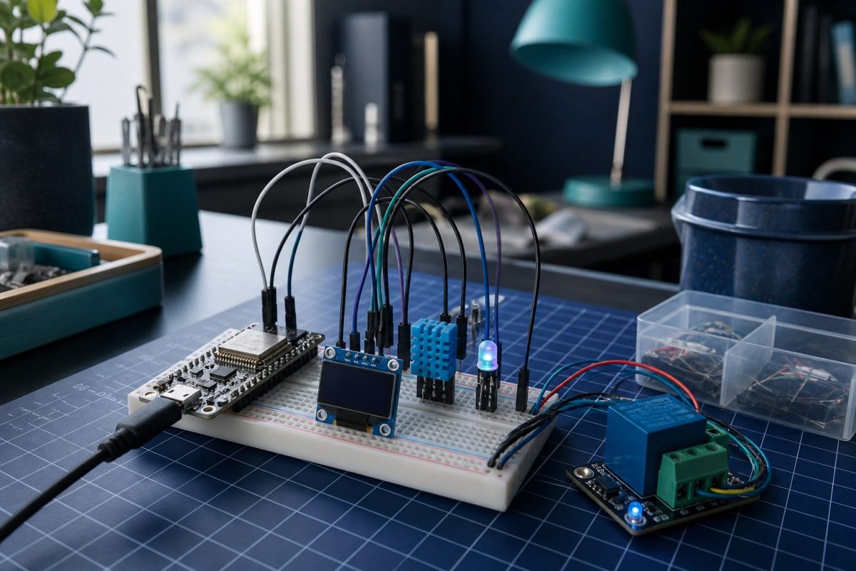 A typical ESP32 bench: DevKit, sensors, OLED, and a relay ready for the first ten projects.