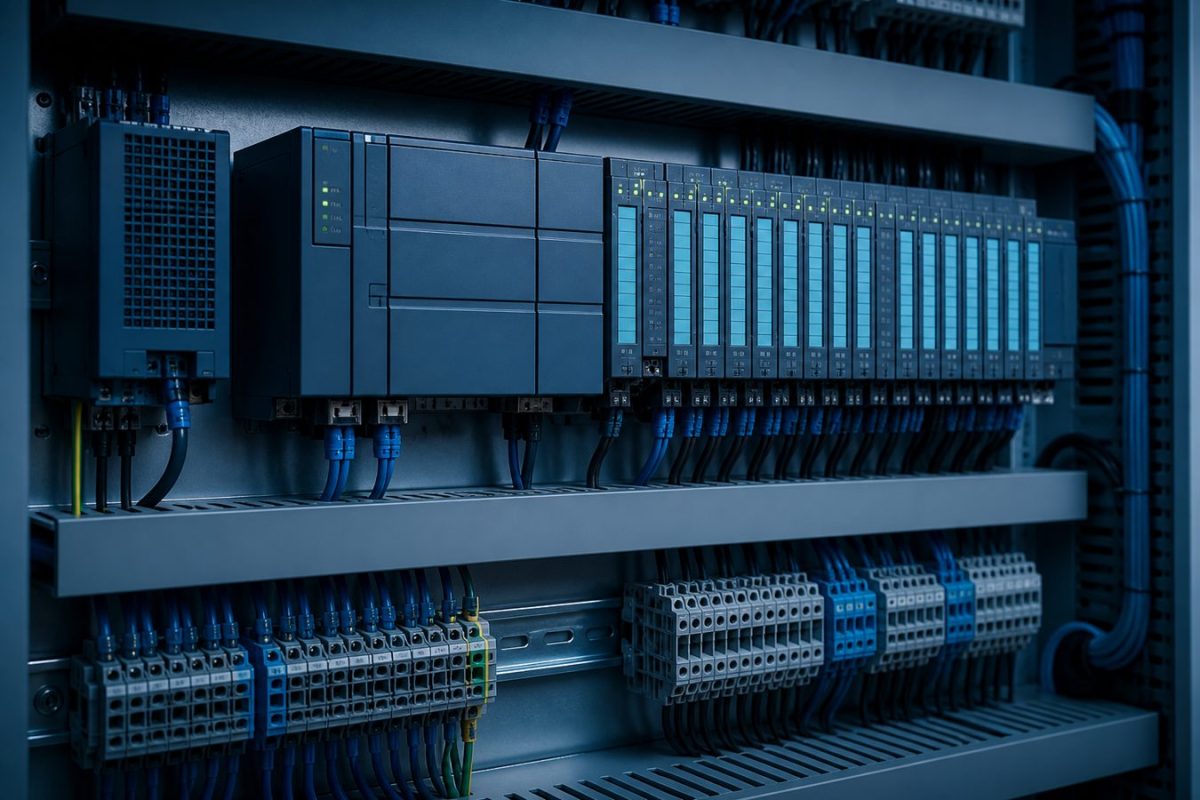 Typical PLC cabinet: CPU, I/O modules, 24 V supply, and terminal blocks.