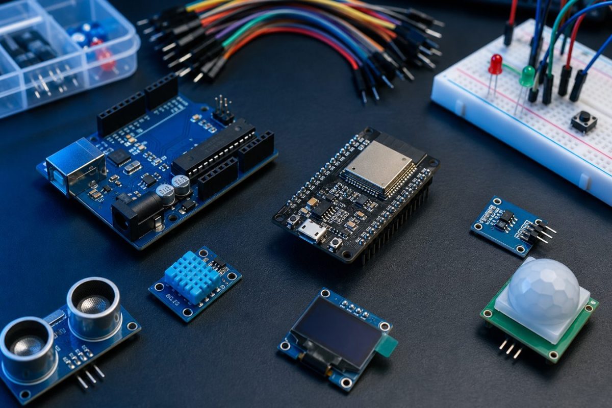 MCU development boards, breadboard, and sensors used for prototypes and custom products.